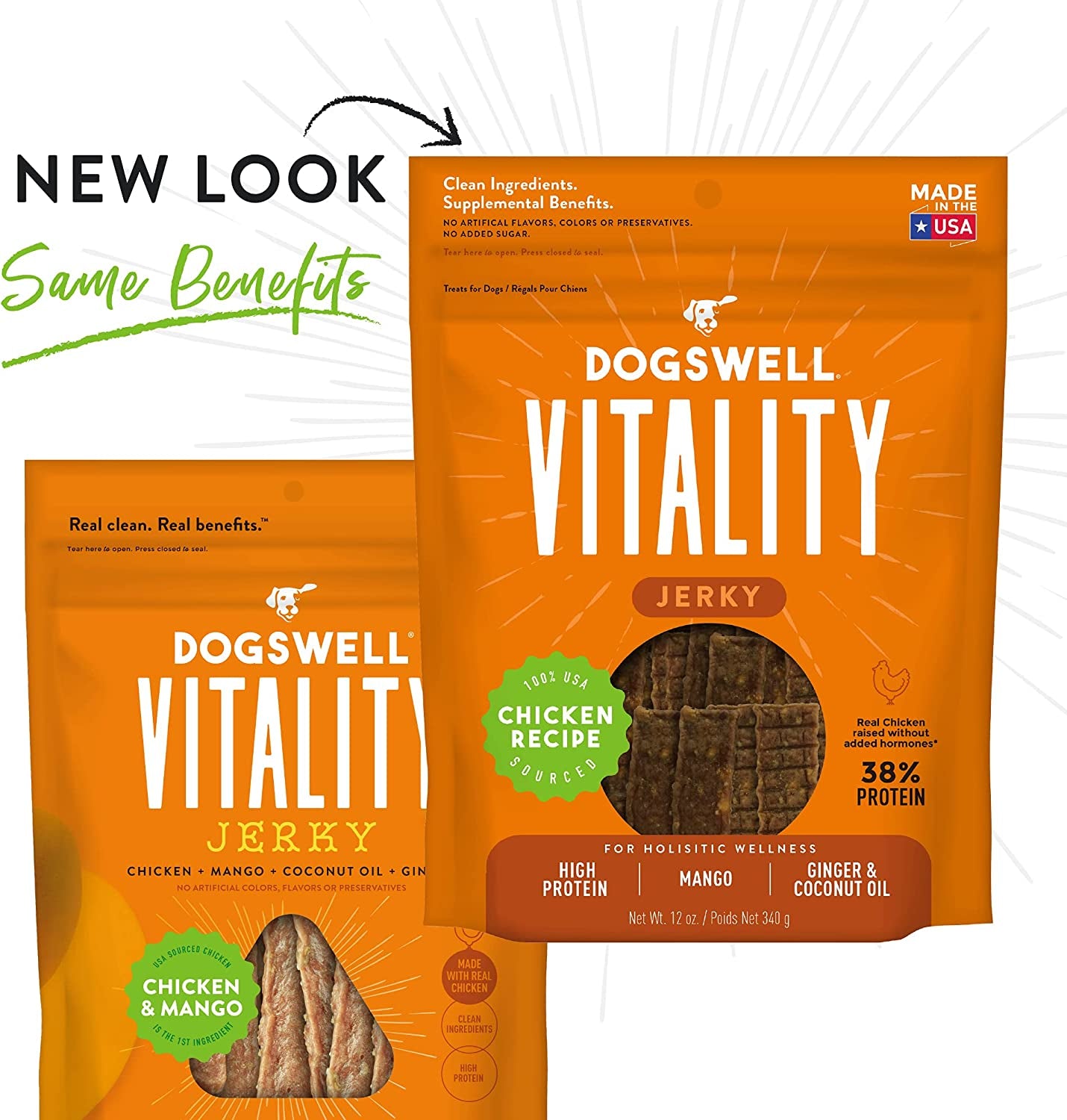 Vitality Chicken & Mango Jerky - Meaty Dog Treats with Mango, Coconut Oil & Ginger to Support Overall Health & Vitality - 12 Oz. (29278)