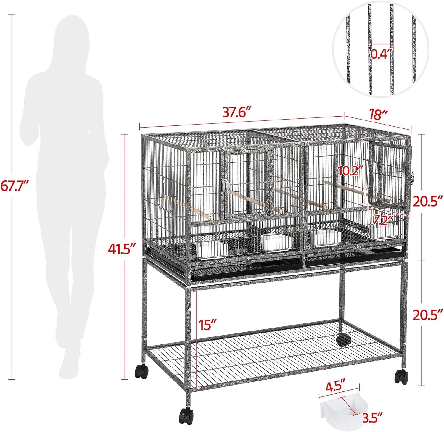 41.5" Stackable Divided Breeder Breeding Parakeet Bird Cage for Canaries Cockatiels Lovebirds Finches Budgies Small Parrots with Rolling Stand, Black