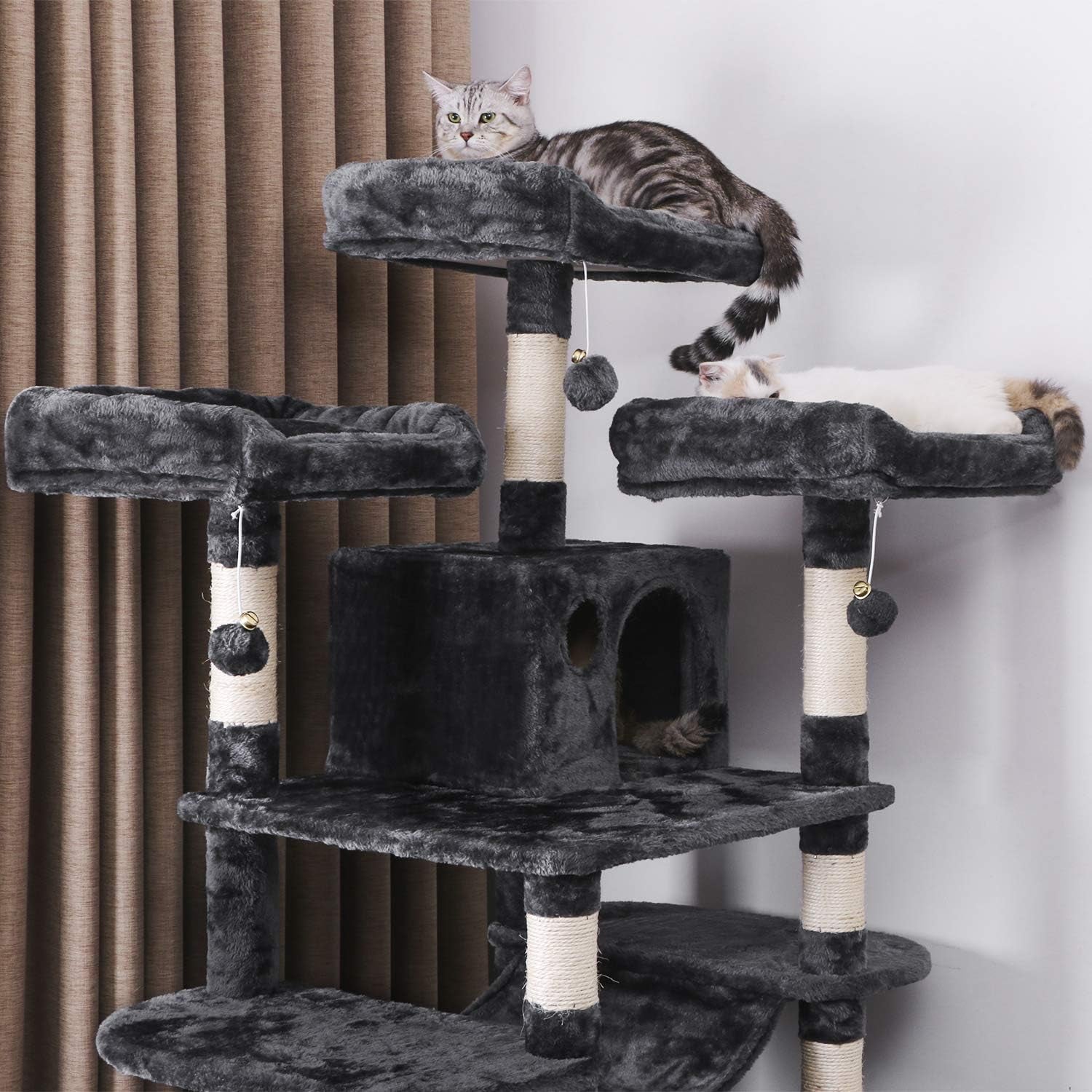 Large Cat Tree Condo with Sisal Scratching Posts Perches Houses Hammock, Cat Tower for Indoor Cats Furniture Kitty Activity Center Kitten Play House Grey MMJ03B