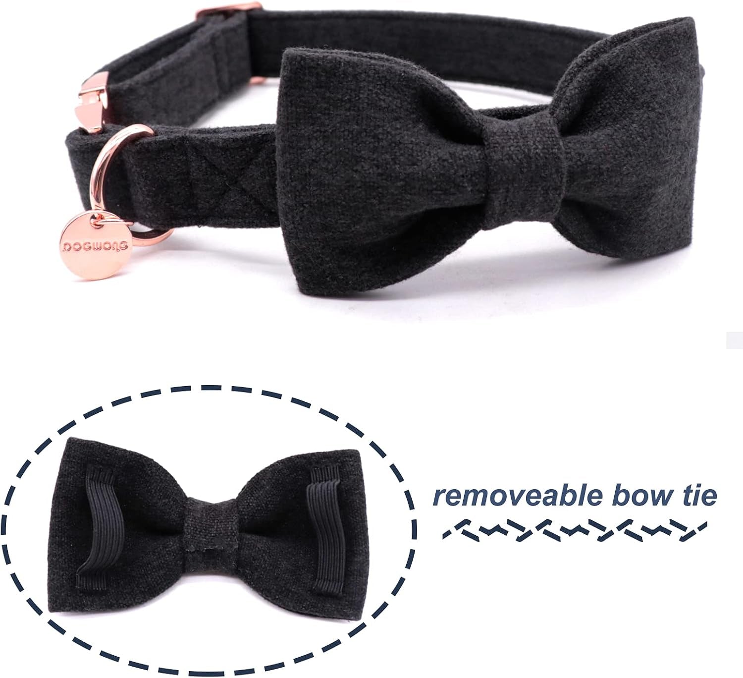 Hemp Cotton Dog Collar with Bow, Black Pet Collar Durable Adjustable Puppy Collar for Small Medium Large Dogs