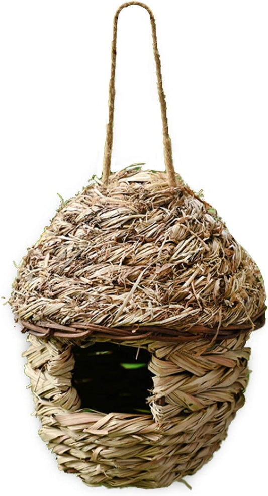 Handwoven Straw Bird Cage Nest House, 100% Natural Fiber Hanging Birdhouse Hatching Breeding Cave Cozy Resting Breeding Place for Birds - Ideal for Parrot, Canary, Finch or Cockatiel