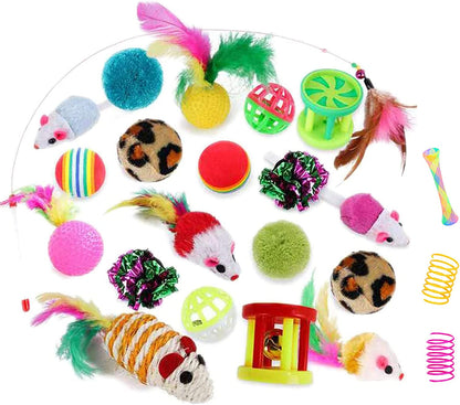 32Pcs Cat Toys Kitten Interactive Pet Toys Assortments, Foldable Rainbow Tunnel, Cat Feather Teaser Wand Interactive Feather Toy Fluffy Mouse Crinkle Balls Bell Play for Cat Puppy Kitty Kitten(2 Way)