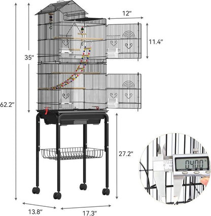 YITAHOME 62 Inch Metal Bird Cage, Large Parakeet Cages for Parrot, Cockatiel, Lovebird, Pigeon with Roof Top, Rolling Stand and Hanging Toys, White/Black