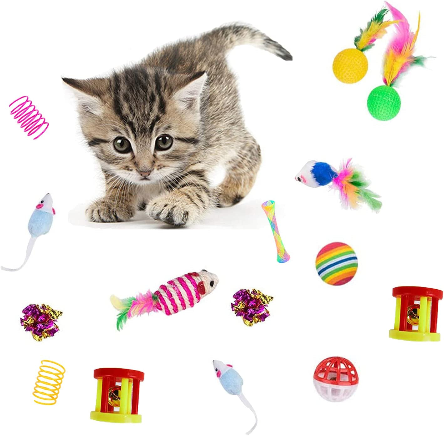 32Pcs Cat Toys Kitten Interactive Pet Toys Assortments, Foldable Rainbow Tunnel, Cat Feather Teaser Wand Interactive Feather Toy Fluffy Mouse Crinkle Balls Bell Play for Cat Puppy Kitty Kitten(2 Way)