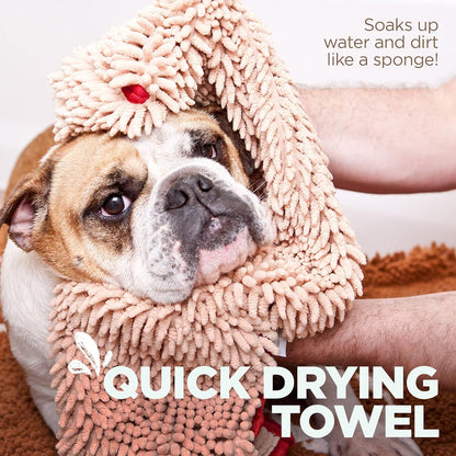 Soggy Doggy Super Shammy Dog Towel, Washable Microfiber Dog Towels for Drying Dogs and Cleaning Paws, Fast-Drying Dog Bath Towel with Hand Pockets, Beige/Red Trim, 31 X 14 Inches