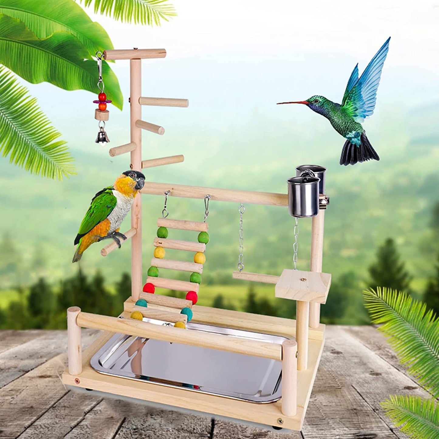 Parrots Playground, Natural Wooden Bird Perch Bird Play Stand Bird Play Gym Bird Toys Accessories with Stainless Steel Feeding Stair Swing for Parrots, Finches # 2