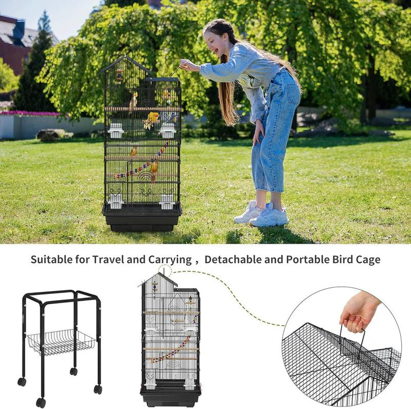 YITAHOME 62 Inch Metal Bird Cage, Large Parakeet Cages for Parrot, Cockatiel, Lovebird, Pigeon with Roof Top, Rolling Stand and Hanging Toys, White/Black