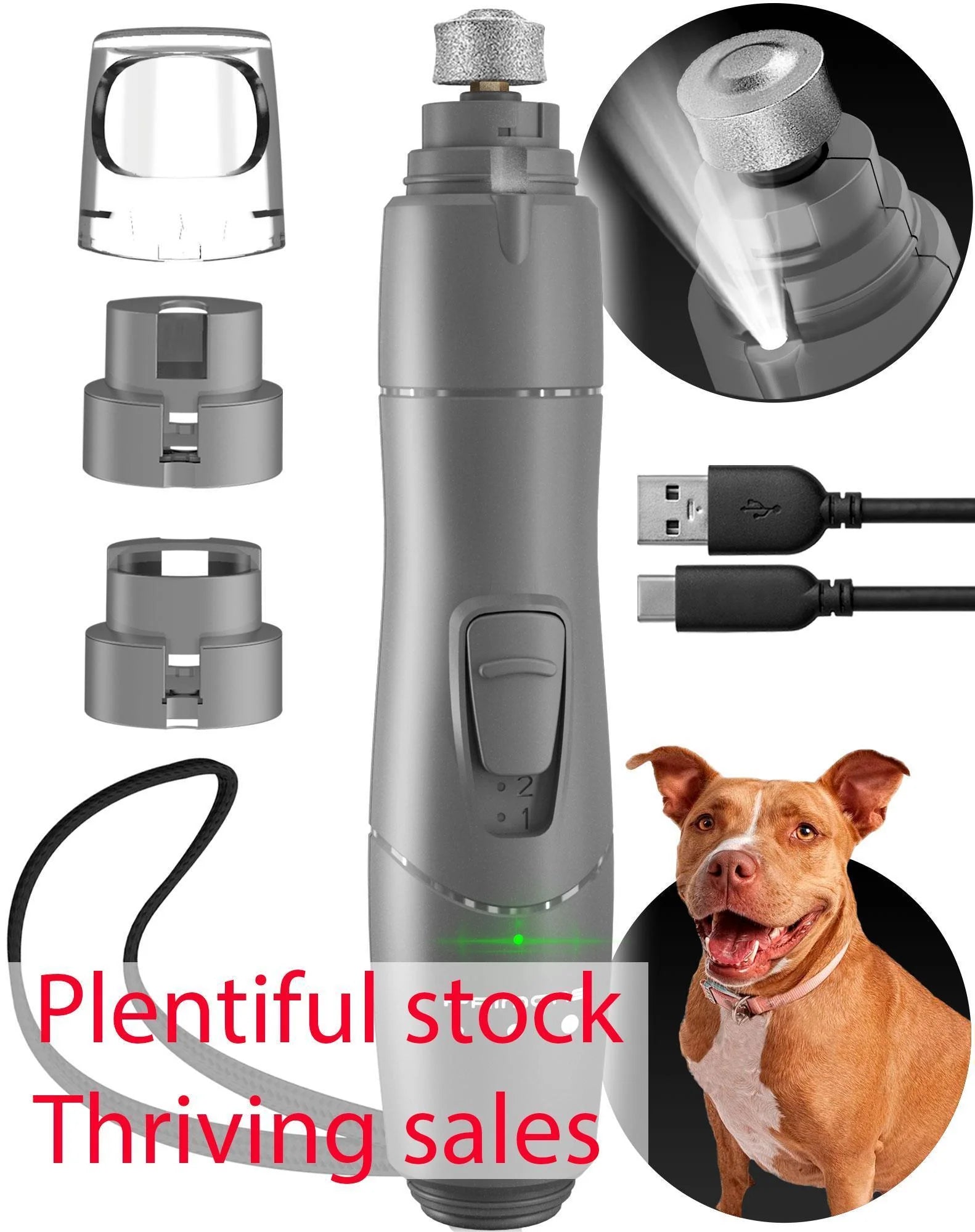 Dog Nail Grinder with LED Light Grey Rechargeable for Large Medium & Small Dogs