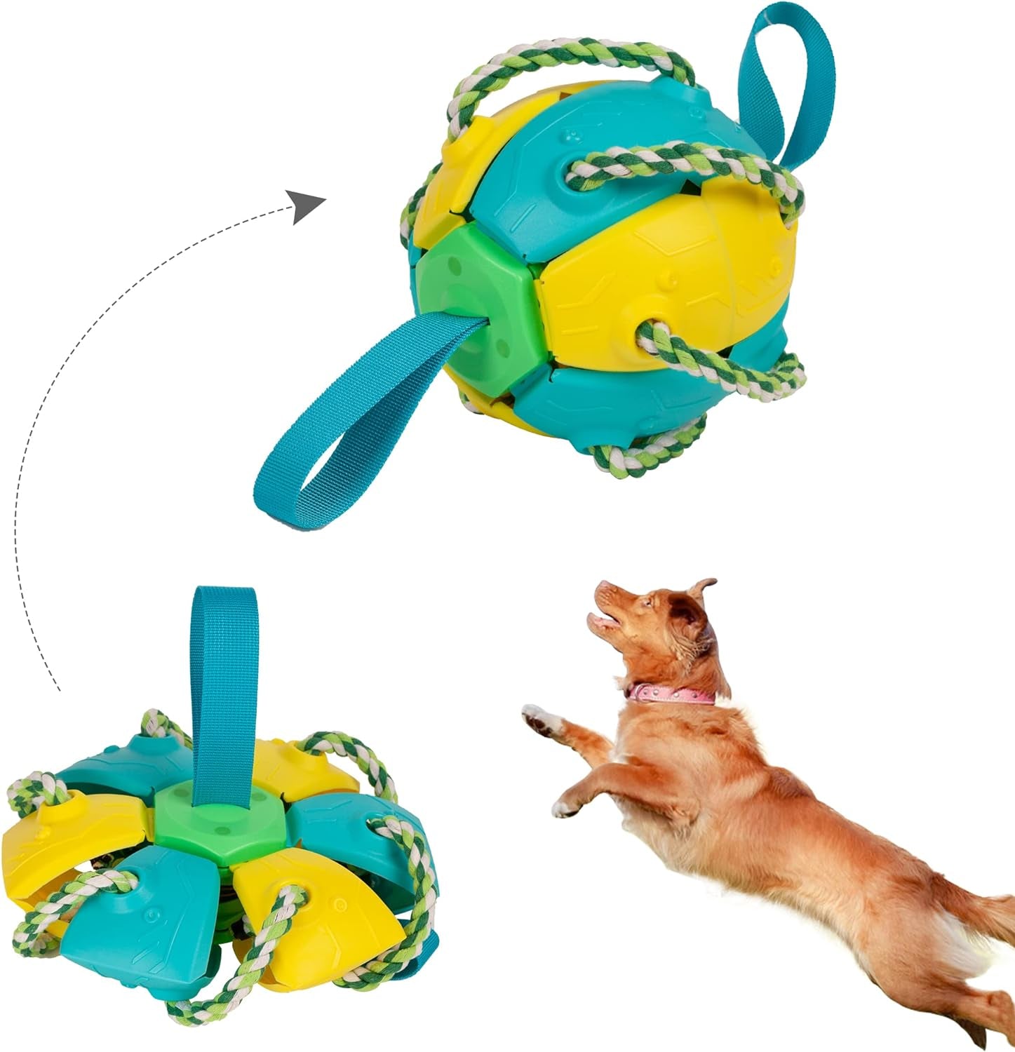 Interactive Dog Ball Toys with Chew Rope, Dog Chew Balls Exercise Toy Outdoor Dog Tug of War Rebound Flying Ball Reward Toy Dog Training Tools for Puppies Large Dogs Aggressive Chewers-Yellow