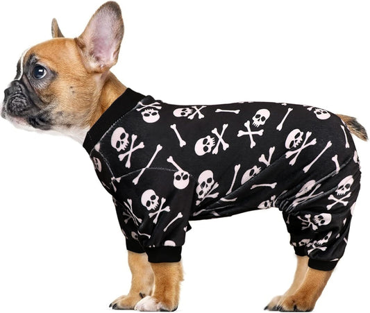 Dog Pajamas Halloween Dog Onesie Short Plush Dog Pjs Skull&Crossbones Super Soft and Stretchy Dog Jammies for Small Dogs (XS) Black