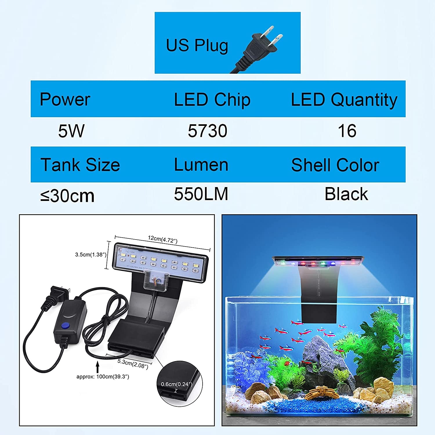 LED Aquarium Light Three-Mode Adjustable Fish Tank Lights 5W 16 LED Planted Aquarium Light Clip Lamp 550LM for 0.24 Inch Thickness 12 Inch Fish Tank