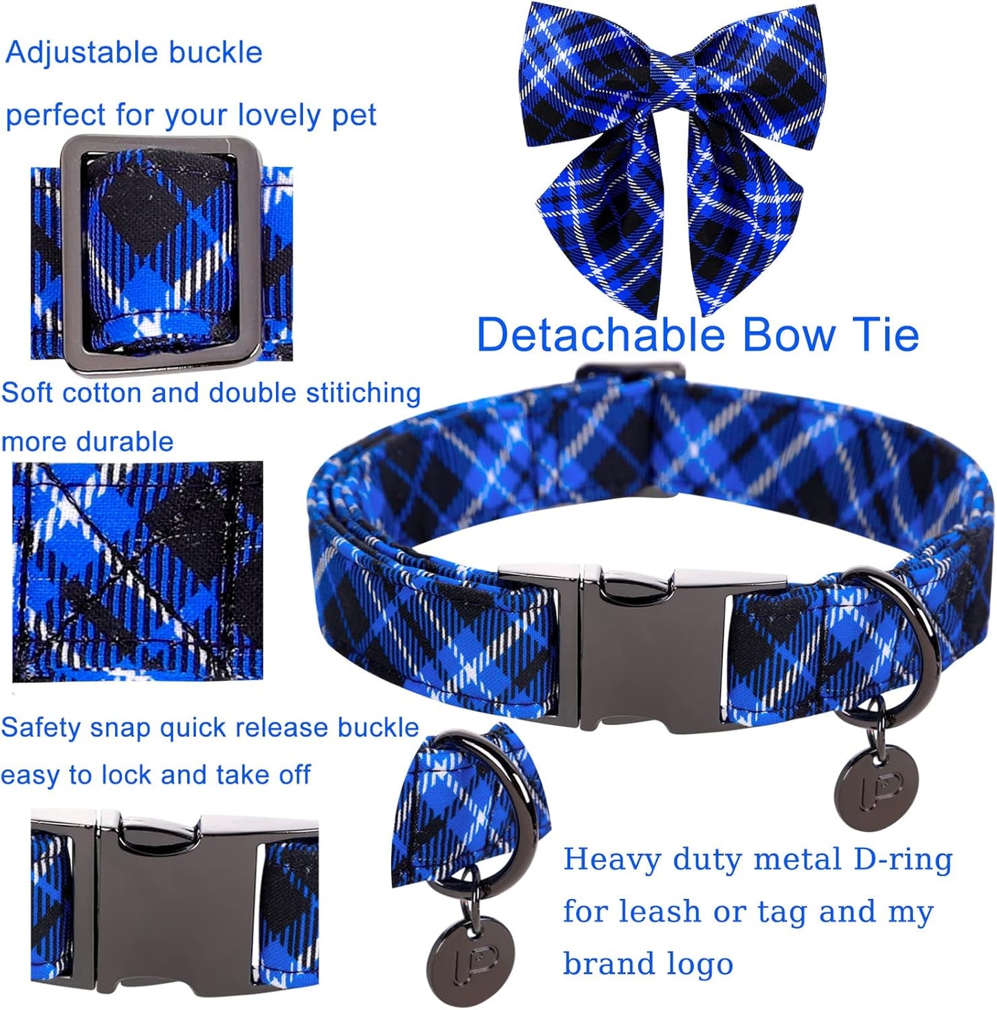 Dog Collar with Bow Tie, Cotton Dog Bowtie Collar for Medium Girl Boy Dog, Blue Bowtie Dog Collar with Durable Metal Buckle, Holiday Plaid Dog Collar, M