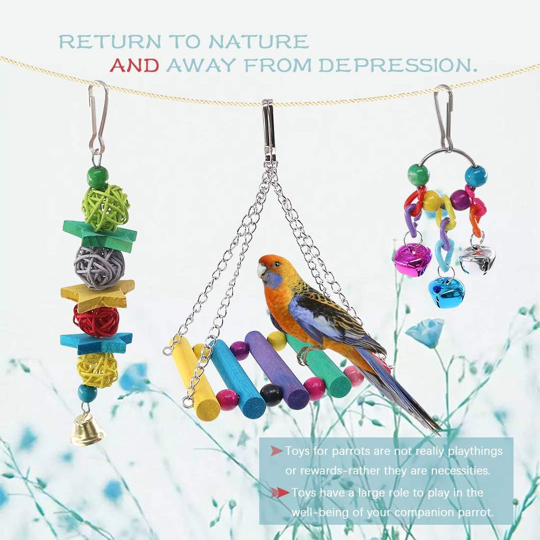 6 Pcs Birds Toys Hanging Hammock Bell Swing Chewing Toys for Parrots, Parakeet, Conure, Cockatiel, Mynah, Love Birds Small Parakeet Cages Decorative Accessories