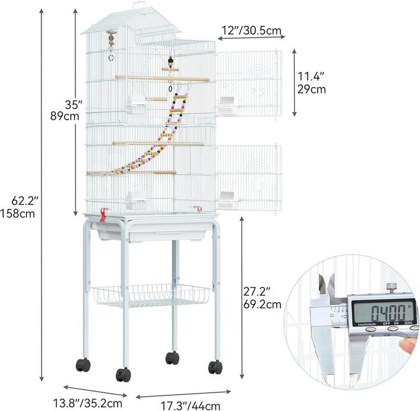 YITAHOME 62 Inch Metal Bird Cage, Large Parakeet Cages for Parrot, Cockatiel, Lovebird, Pigeon with Roof Top, Rolling Stand and Hanging Toys, White/Black