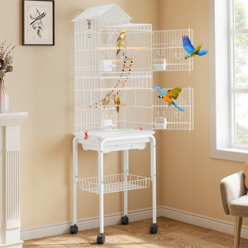 YITAHOME 62 Inch Metal Bird Cage, Large Parakeet Cages for Parrot, Cockatiel, Lovebird, Pigeon with Roof Top, Rolling Stand and Hanging Toys, White/Black