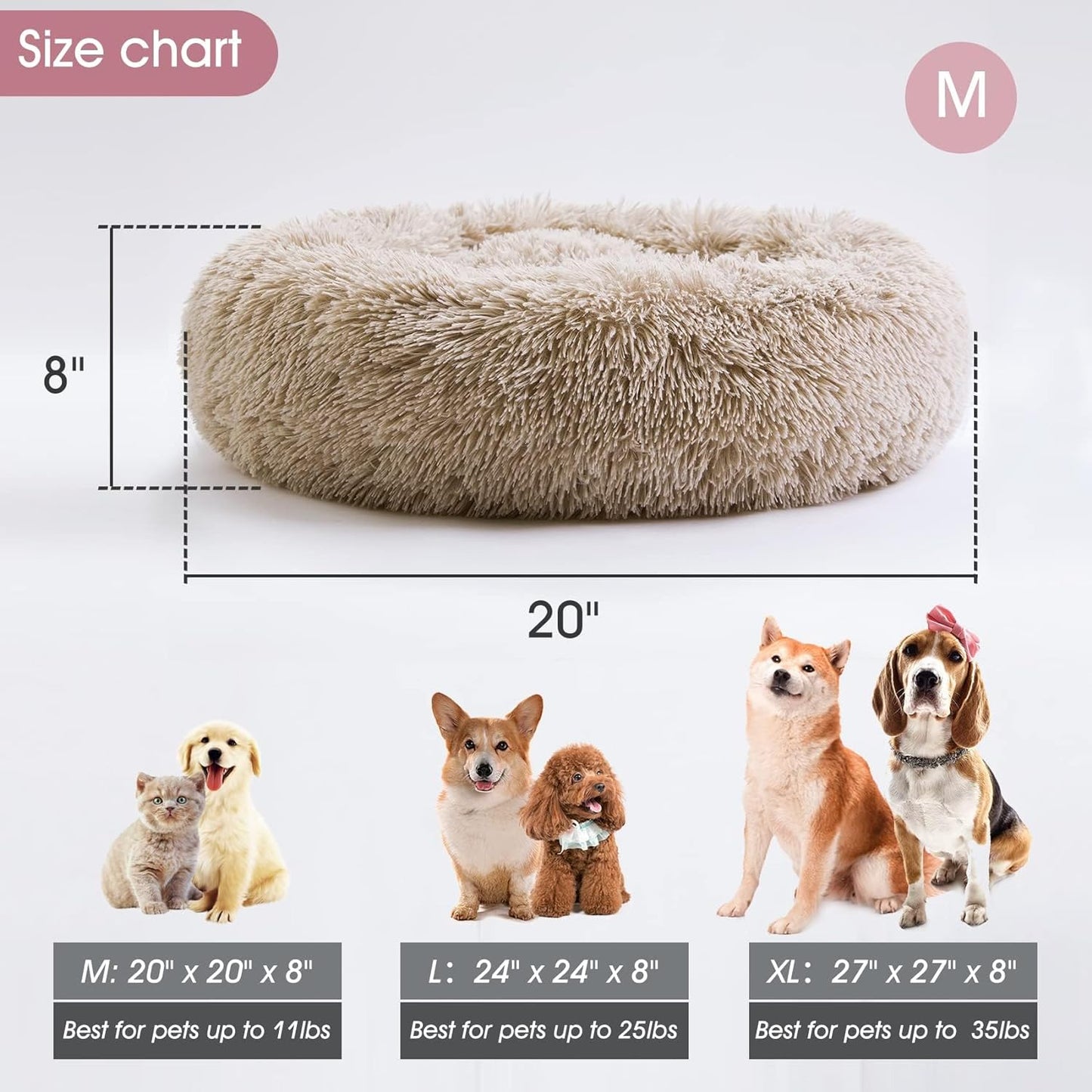 Calming Dog Bed & Cat Bed, Anti-Anxiety Donut Cuddler Warming Cozy Soft round Fluffy Faux Fur Plush Cushion Bed for Small Medium Dogs and Cats (20"/24"/27"/30")