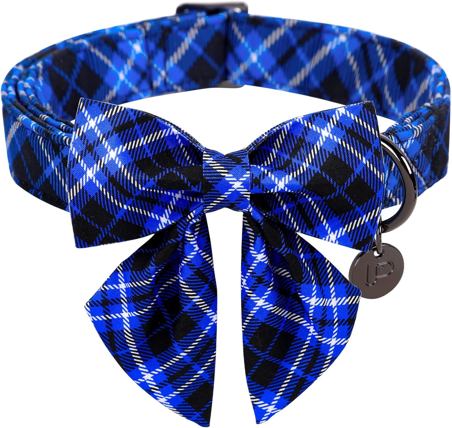 Dog Collar with Bow Tie, Cotton Dog Bowtie Collar for Medium Girl Boy Dog, Blue Bowtie Dog Collar with Durable Metal Buckle, Holiday Plaid Dog Collar, M