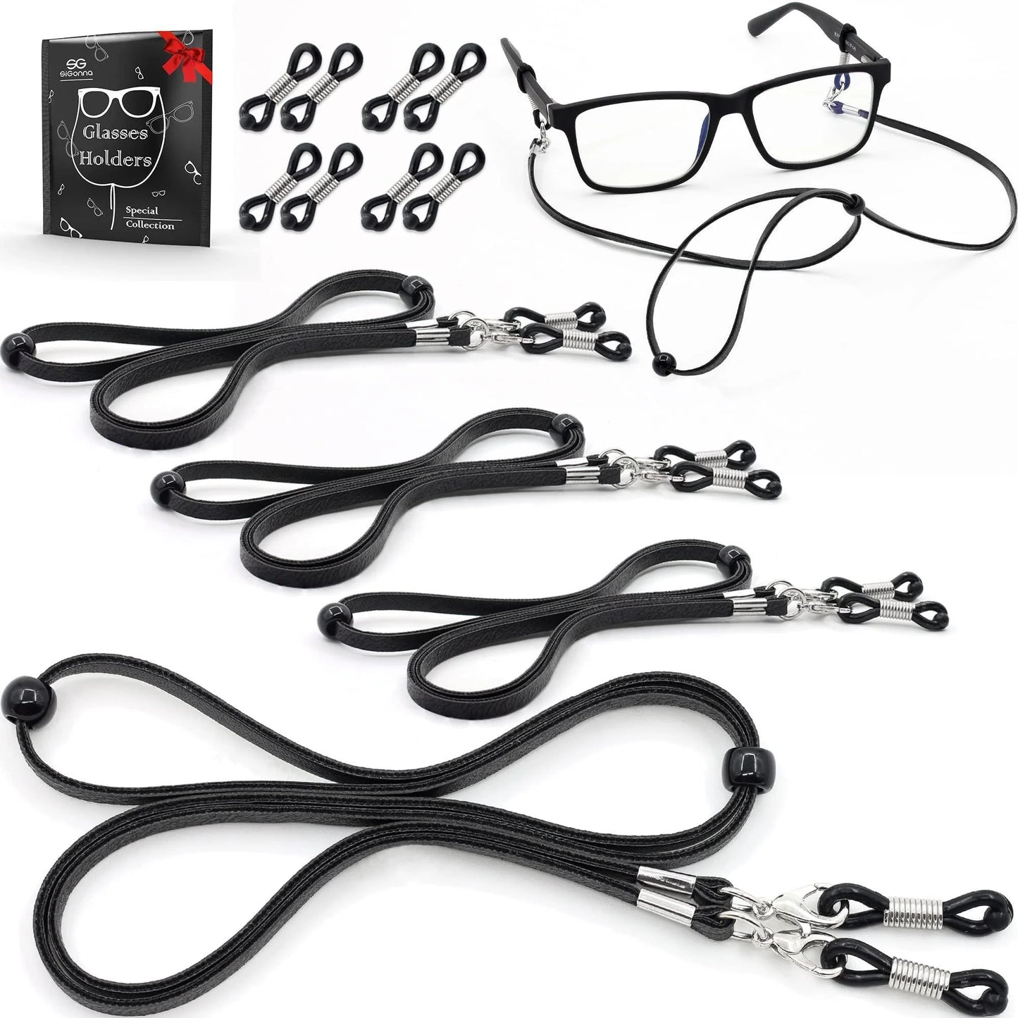 Eyeglass Strap Holders Premium ECO Leather 4 Cords Black Antislip Clip Loop