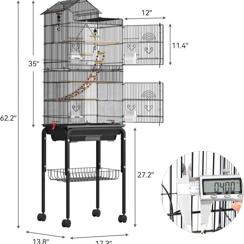 YITAHOME 62 Inch Metal Bird Cage, Large Parakeet Cages for Parrot, Cockatiel, Lovebird, Pigeon with Roof Top, Rolling Stand and Hanging Toys, White/Black