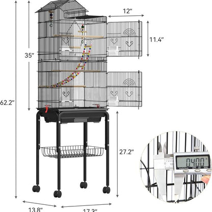 YITAHOME 62 Inch Metal Bird Cage, Large Parakeet Cages for Parrot, Cockatiel, Lovebird, Pigeon with Roof Top, Rolling Stand and Hanging Toys, White/Black