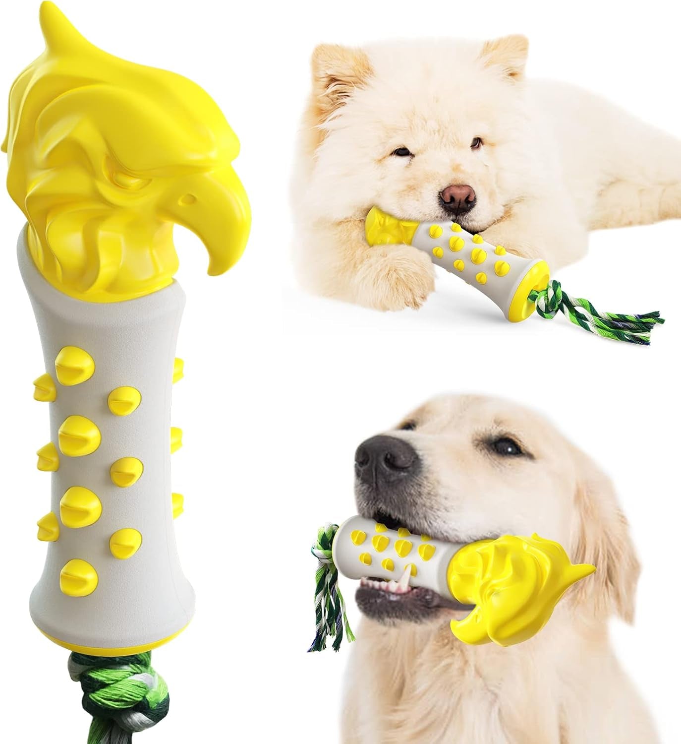 Dog Dental Chew Toys for Aggressive Chewers,Hawkish Scepter Pet Teeth Training Stick Teeth Cleaning with Dog Bite Rope Puppy Rubber Bone Toothbrush (Yellow)