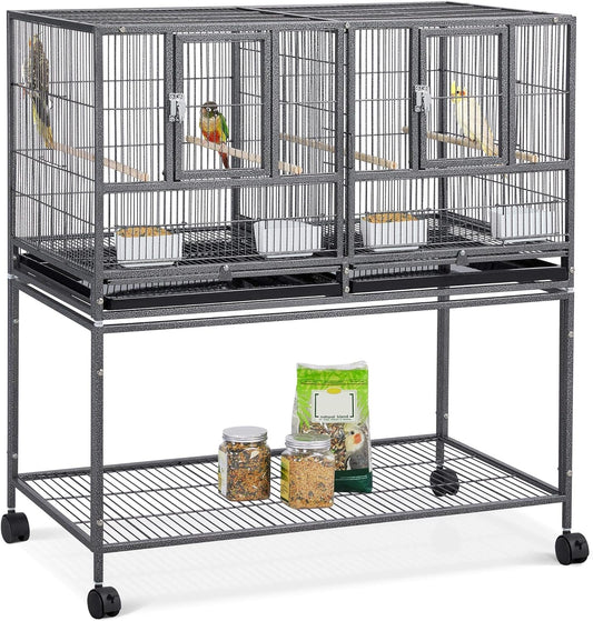 41.5" Stackable Divided Breeder Breeding Parakeet Bird Cage for Canaries Cockatiels Lovebirds Finches Budgies Small Parrots with Rolling Stand, Black