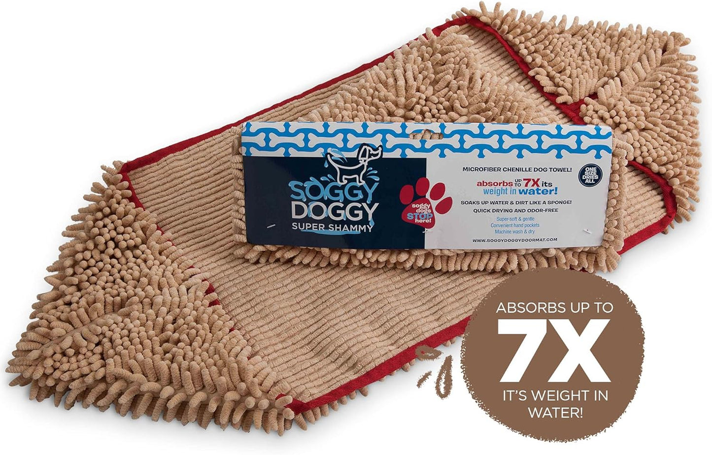 Soggy Doggy Super Shammy Dog Towel, Washable Microfiber Dog Towels for Drying Dogs and Cleaning Paws, Fast-Drying Dog Bath Towel with Hand Pockets, Beige/Red Trim, 31 X 14 Inches