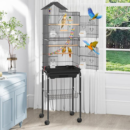 YITAHOME 62 Inch Metal Bird Cage, Large Parakeet Cages for Parrot, Cockatiel, Lovebird, Pigeon with Roof Top, Rolling Stand and Hanging Toys, White/Black