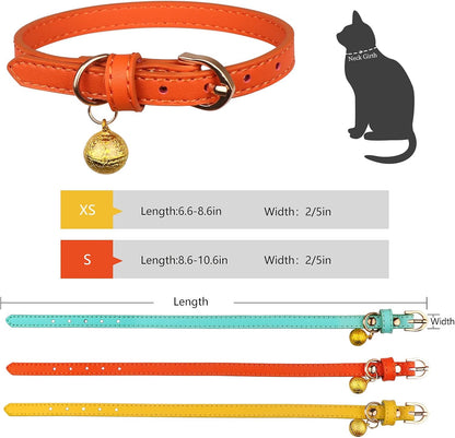 3 Pack Leather Cat Collars with Bells Soft Pet Safety Collar Kitten Collars with Bell Orange Yellow Mint Green(S)