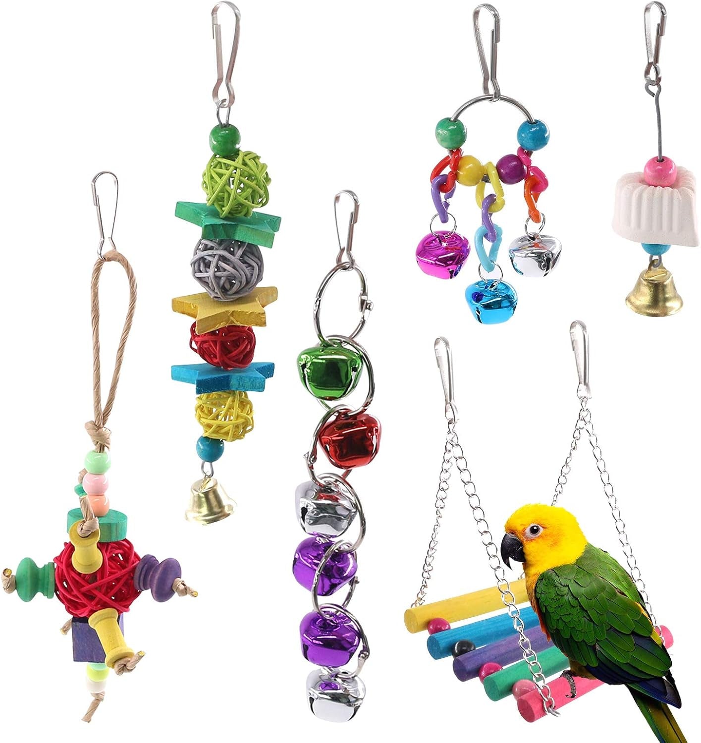 6 Pcs Birds Toys Hanging Hammock Bell Swing Chewing Toys for Parrots, Parakeet, Conure, Cockatiel, Mynah, Love Birds Small Parakeet Cages Decorative Accessories