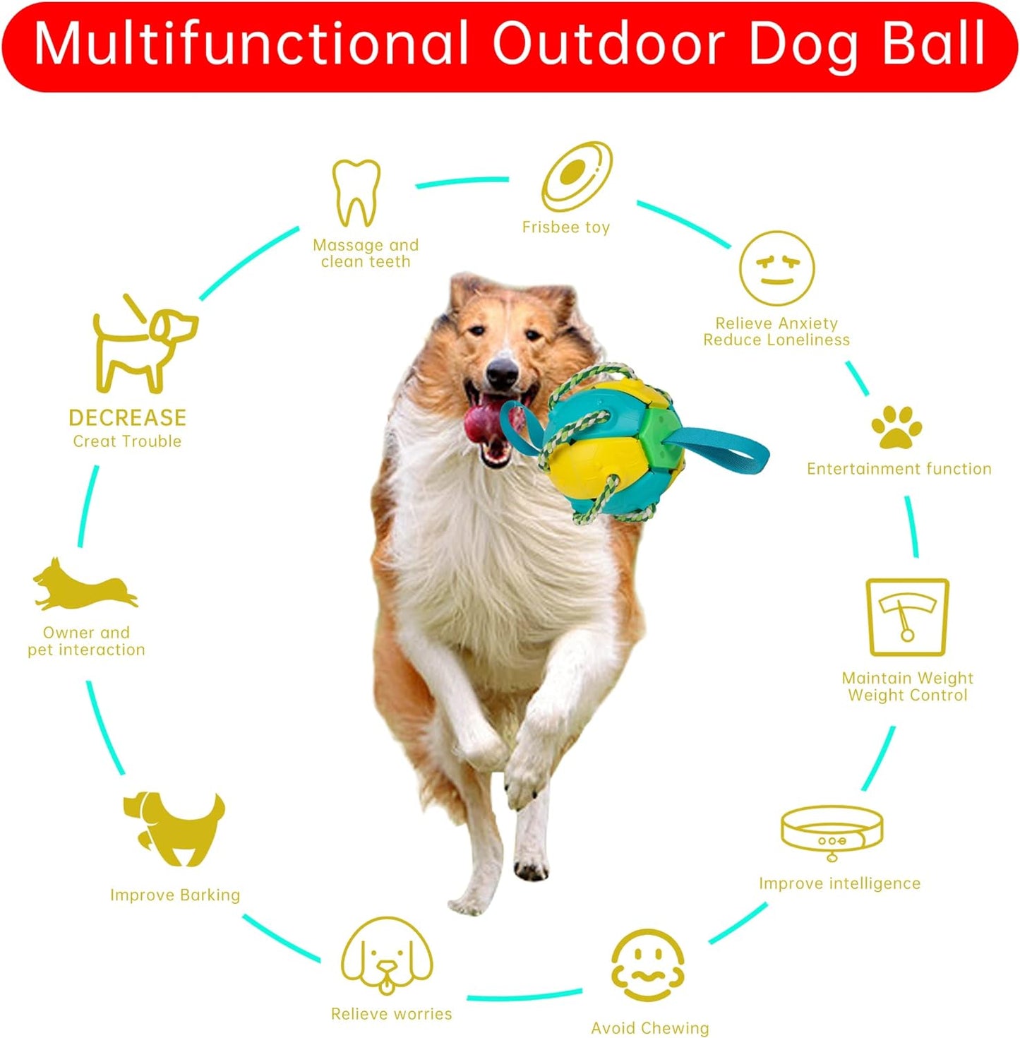 Interactive Dog Ball Toys with Chew Rope, Dog Chew Balls Exercise Toy Outdoor Dog Tug of War Rebound Flying Ball Reward Toy Dog Training Tools for Puppies Large Dogs Aggressive Chewers-Yellow