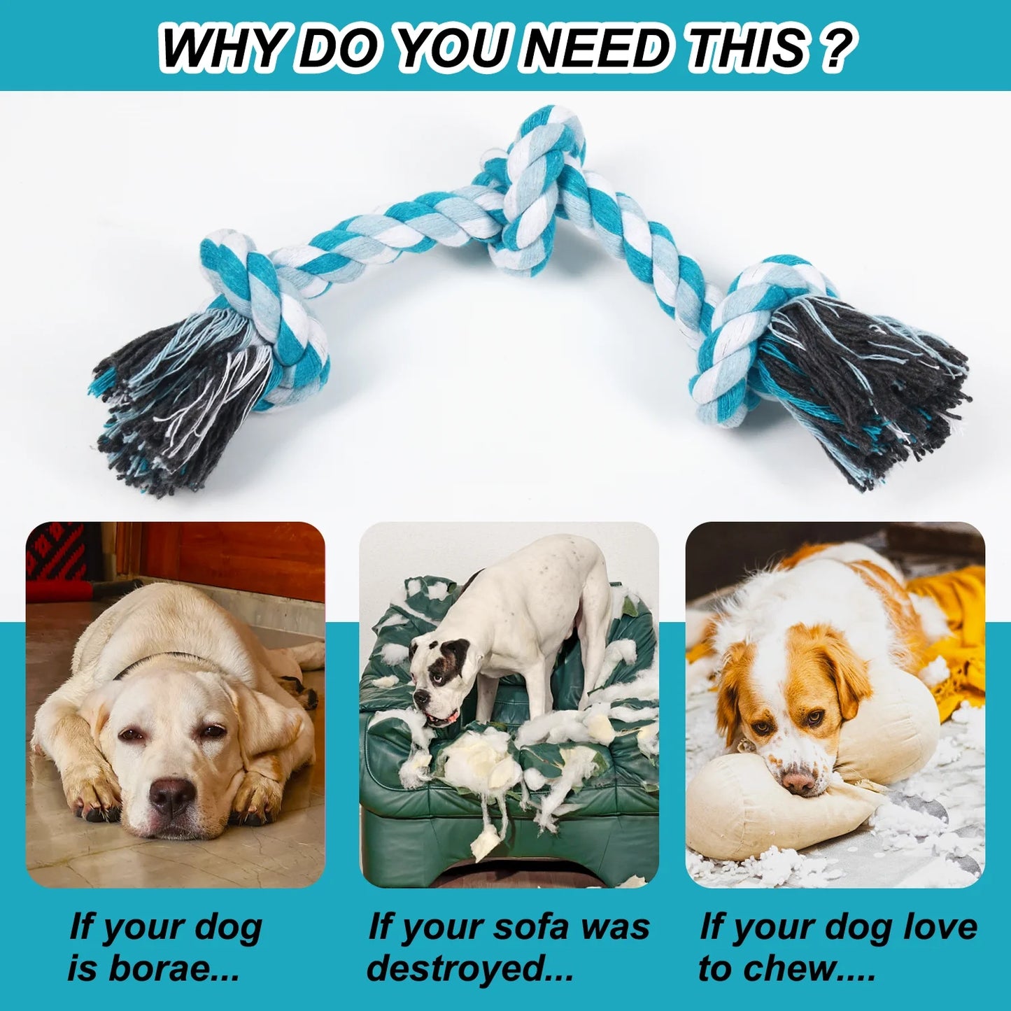 Vivifying Dog Rope Toys, 3 Knots Durable Braided Cotton Pet Chew Rope Toys for Dog Cat Puppy Teeth Cleaning(Blue) , Best Gift for Your Pet