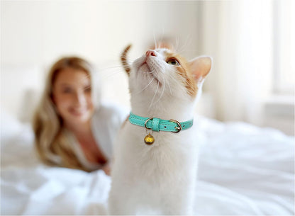 3 Pack Leather Cat Collars with Bells Soft Pet Safety Collar Kitten Collars with Bell Orange Yellow Mint Green(S)