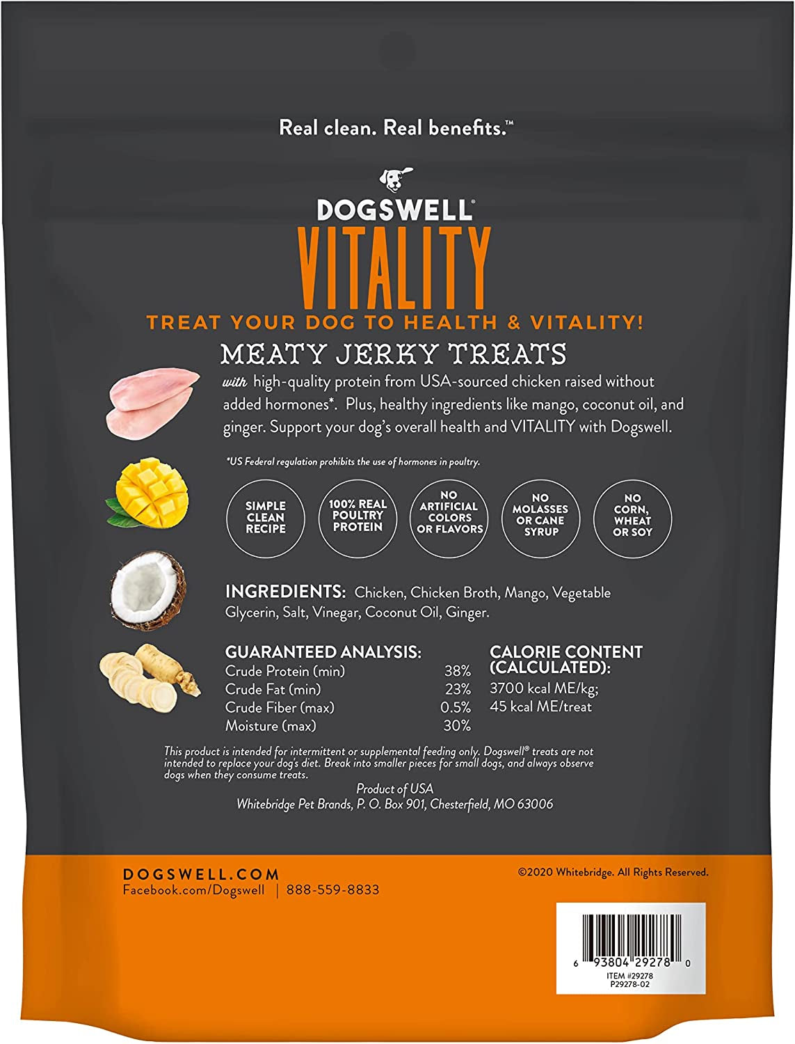 Vitality Chicken & Mango Jerky - Meaty Dog Treats with Mango, Coconut Oil & Ginger to Support Overall Health & Vitality - 12 Oz. (29278)