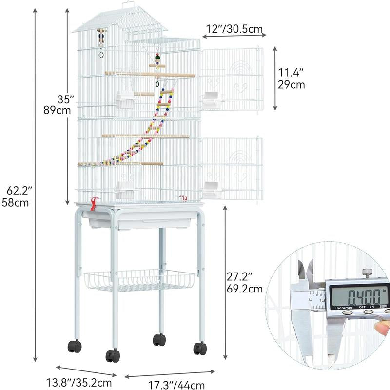 YITAHOME 62 Inch Metal Bird Cage, Large Parakeet Cages for Parrot, Cockatiel, Lovebird, Pigeon with Roof Top, Rolling Stand and Hanging Toys, White/Black